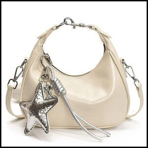 Y2K Glossy Patent Leather Shoulder Bag Crescent Purse Crossbody with Star Charm